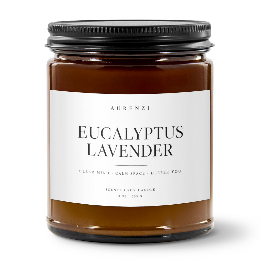 AURENZI Eucalyptus Lavender 9 oz soy candle in amber glass with matte black lid